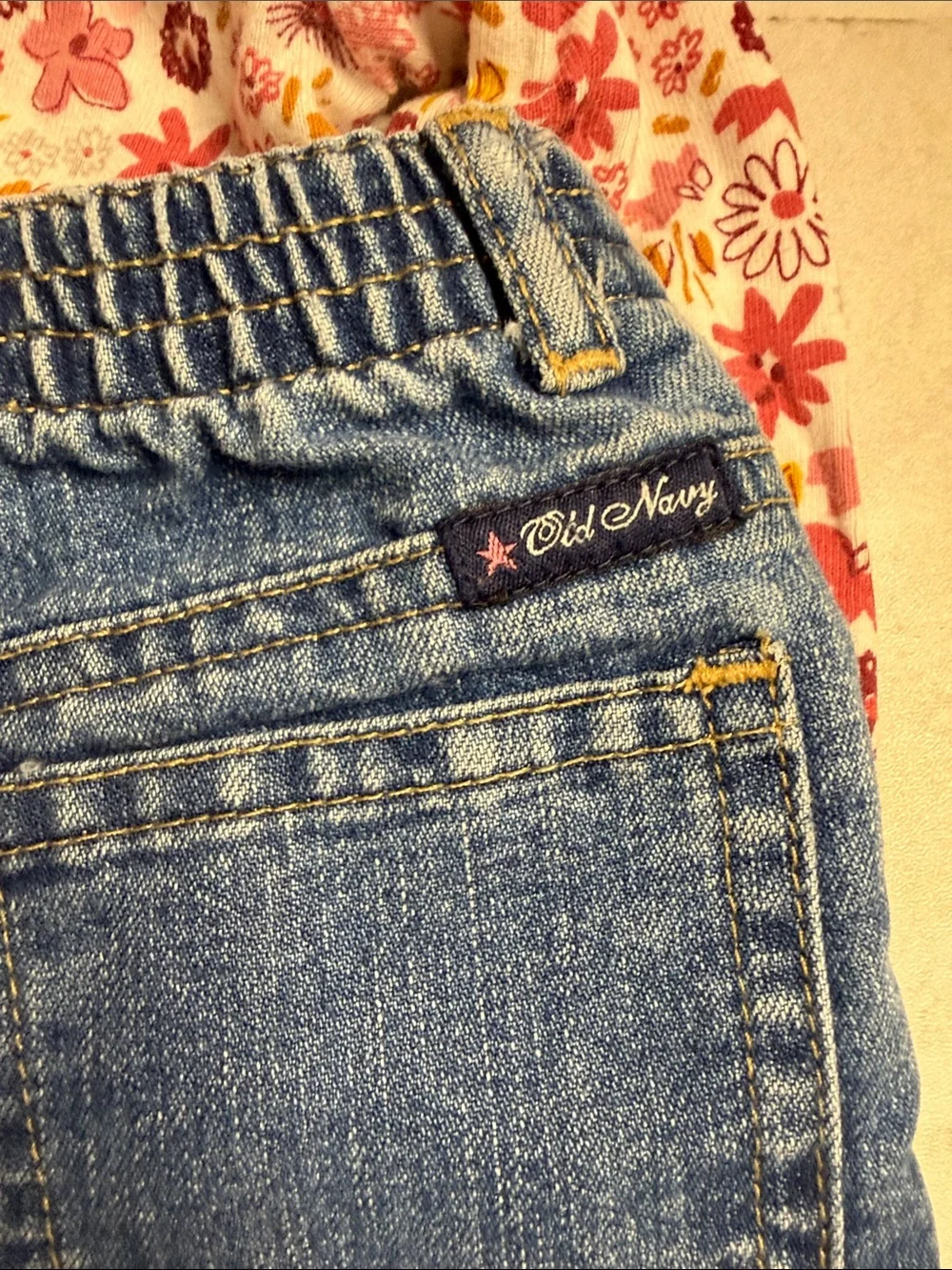 Old Navy Girls Blue Denim Jeans with Pink Floral Embroidery